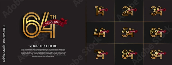 Fototapeta Anniversary logo set with double line number style. gold color with red ribbon can be use for special moment