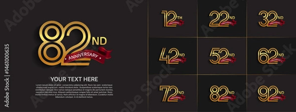 Fototapeta Anniversary logo set with double line number style. gold color with red ribbon can be use for special moment