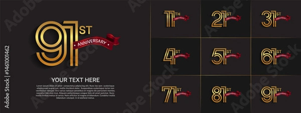Fototapeta Anniversary logo set with double line number style. gold color with red ribbon can be use for special moment