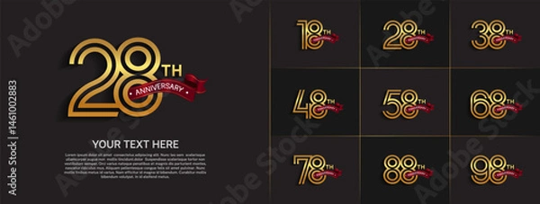 Fototapeta Anniversary logo set with double line number style. gold color with red ribbon can be use for special moment
