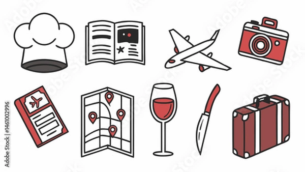 Fototapeta Simple Red Line Art Icons for Travel Food Lifestyle Chef Plane Map Camera Wine Suitcase Passport Book