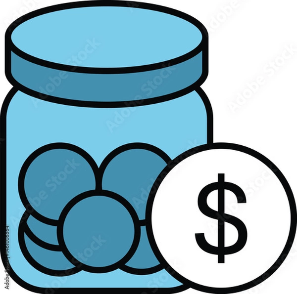 Fototapeta Glass jar icon filled with coins and a dollar symbol. Represents savings, budgeting, financial planning, emergency fund, or personal finance