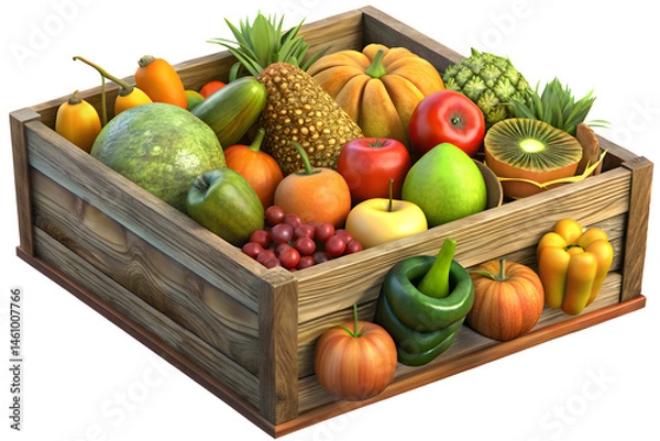 Fototapeta 3d rendering of Fruits and Vegetables Inside Wood Box Isolated on White Background. Front View.