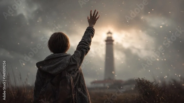 Obraz A person reaching toward a distant lighthouse in a dramatic sky.
