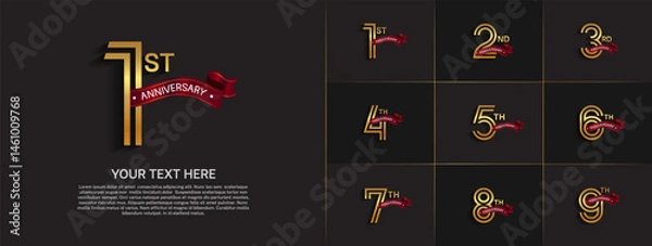 Fototapeta Anniversary logo set with double line number style. gold color with red ribbon can be use for special moment
