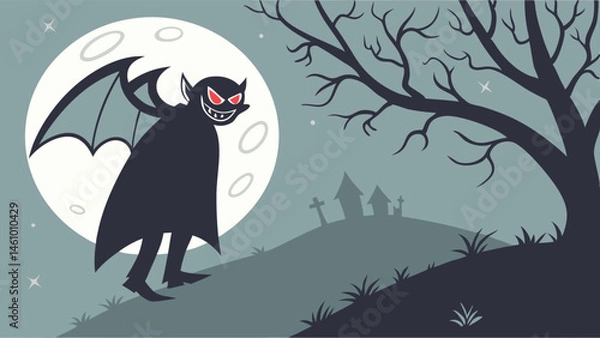 Fototapeta Spooky Cartoon Vampire with Bat Wings Red Eyes in Graveyard Under Full Moon Halloween Night Illustration