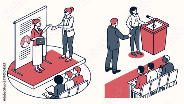 Fototapeta Isometric Flat Design Business Presentation Public Speaking and Networking Illustration