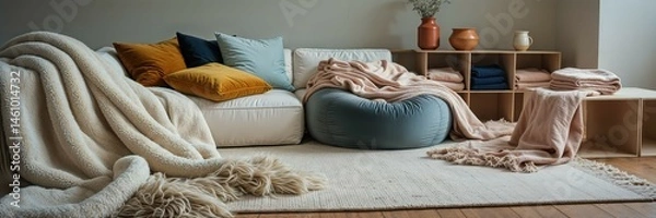 Fototapeta Generative AI, Cozy Modern Living Room with Plush Throws and Pillows
