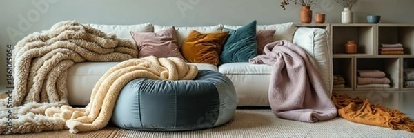 Fototapeta Generative AI, Cozy Modern Living Room with Plush Throws and Pillows