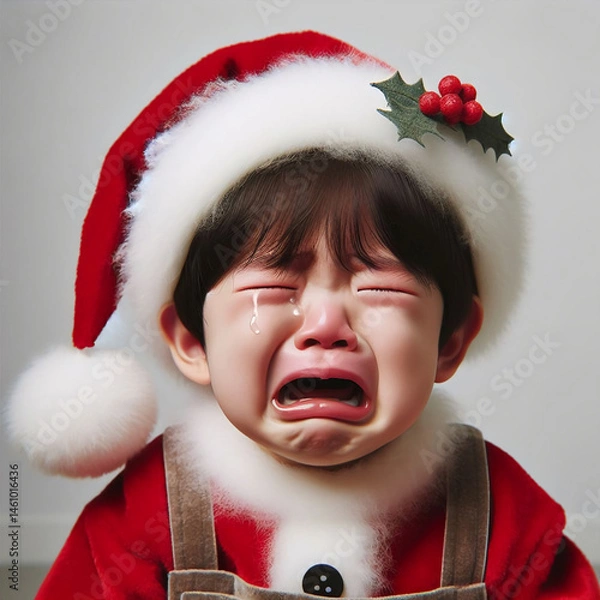 Obraz crying boy in santa hat -Generative AI