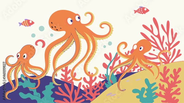 Fototapeta Vibrant Cartoon Underwater Scene Illustration with Three Cute Orange Octopuses Fish and Coral Reef