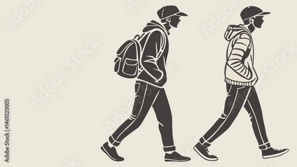 Fototapeta Black and White Sketch Illustration of Two Young Men Walking in Casual Urban Style with Backpack