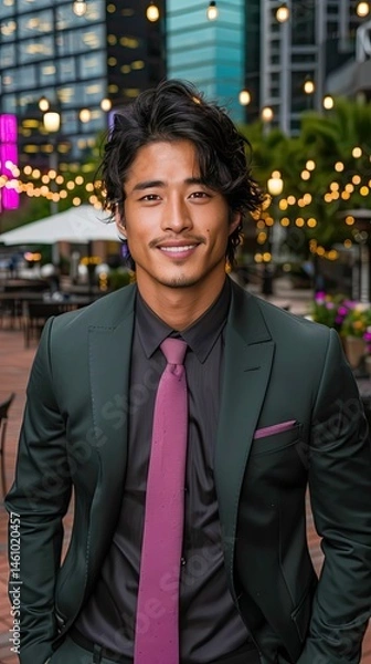 Fototapeta Confident businessman in stylish suit smiling outdoors with modern architecture and warm lighting creating a vibrant atmosphere showcasing professional elegance concept