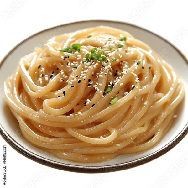 Fototapeta A delicious plate of creamy sesame noodles is topped with fresh green onions and sesame seeds ready to be enjoyed.