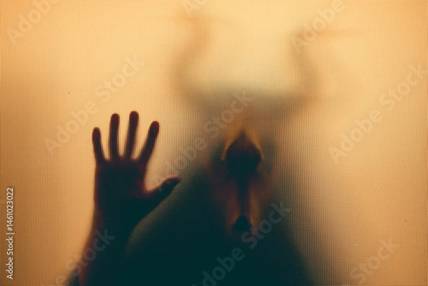 Obraz Horror, halloween background - Shadowy figure with horns behind the glass