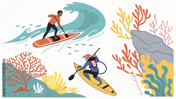 Fototapeta Colorful flat illustration of ocean water sports stand up paddleboarding and kayaking near coral reefs