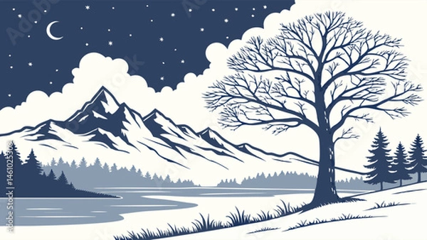 Fototapeta Highly Detailed Graphic Illustration of a Serene Winter Night Landscape with Snowy Mountains, Calm Lake, Bare Tree, Moon, and Stars