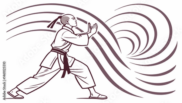 Fototapeta Dynamic Martial Arts Art Line Drawing of Fighter in Stance with Swirling Energy