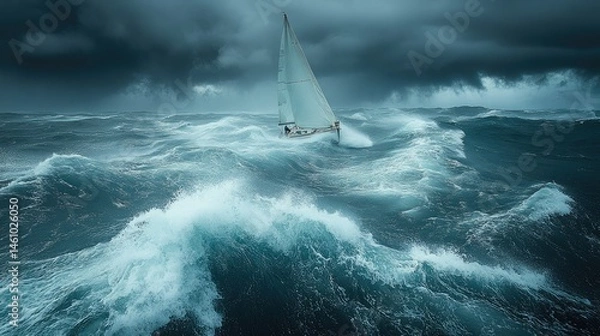 Fototapeta Sailboat navigating a stormy sea.  Vast waves crash around a small vessel, battling the elements