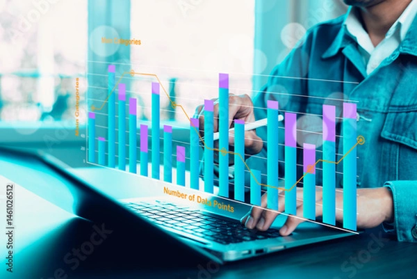 Obraz businessman hand type on the laptop of company profit with colleagues partner explain with virtual dashboard statistic chart stock infographic, graphs, cryptocurrency, and new trading platforms