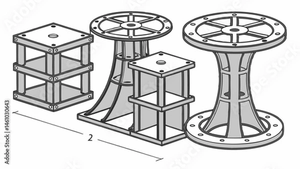 Fototapeta Black and White Technical Drawing of Four Industrial Architectural Structural Components Bases Frames Flanges