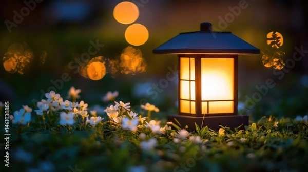 Fototapeta Single lantern spotlighting a patch of lush green meadow creating a calm nighttime retreat