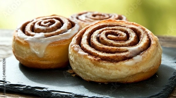 Fototapeta Three cinnamon rolls on slate plate