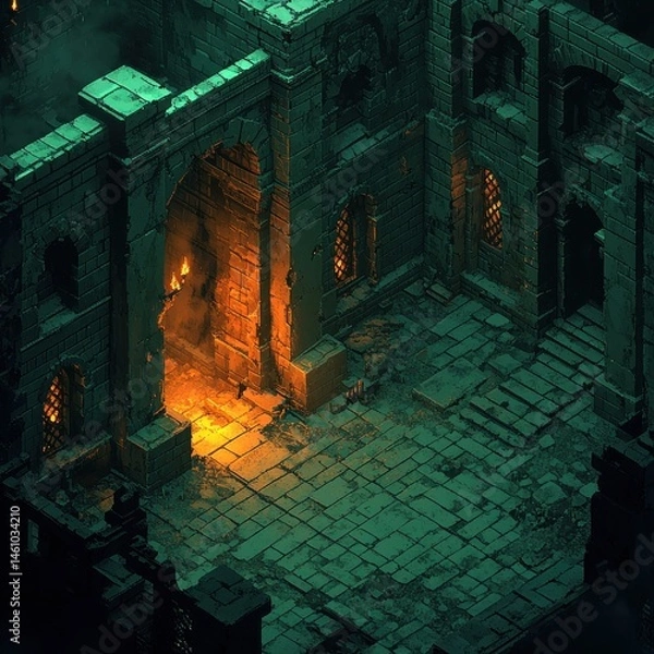 Fototapeta Mystical Ancient Ruins with Glowing Entrance and Dark Shadows in a Fantasy Landscape
