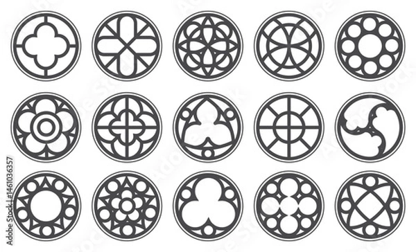 Fototapeta Gothic circle rose window with medieval ornament. Cathedral rosette. Christian architecture elements with stained glass on white background. Radial vector frame.