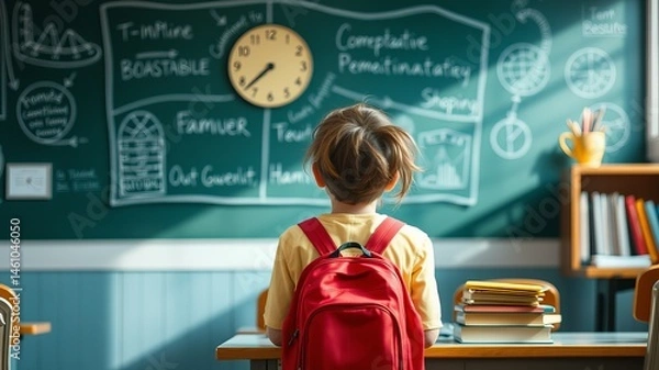 Fototapeta A young student with a red backpack sits at a desk facing a chalkboard filled with educational drawings and words in a classroom.