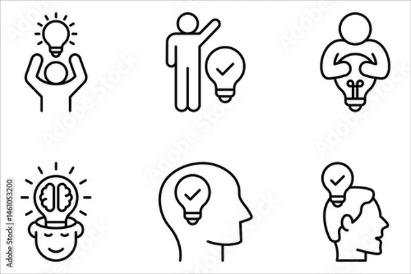 Fototapeta Idea icon set. Creative idea, brainstorming, solution, thinking and innovation icons. human with brain symbol vector illustration on white background 