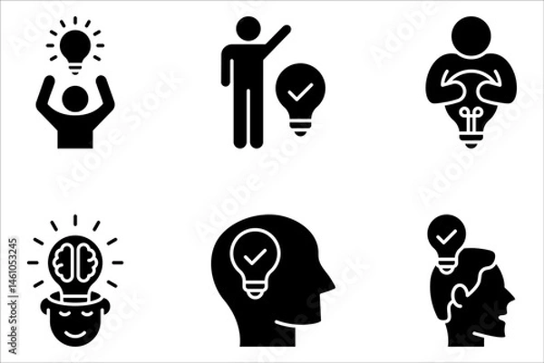 Fototapeta Idea icon set. Creative idea, brainstorming, solution, thinking and innovation icons. human with brain symbol vector illustration on white background 