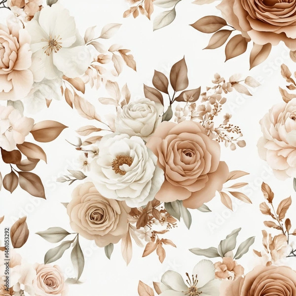 Fototapeta Seamless Pattern Displays Roses and Leaves in Muted Tones on White Background