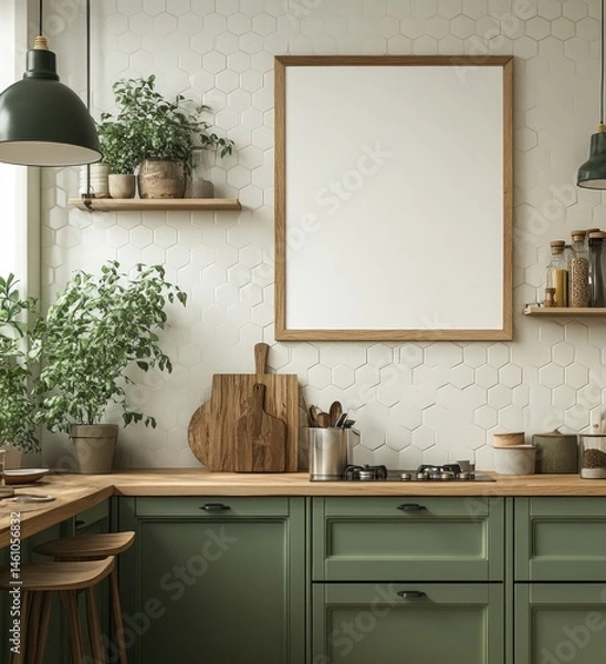 Fototapeta Modern kitchen interior with green cabinetry, wooden elements, and empty frame for artwork in a cozy, inviting setting