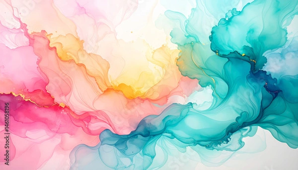 Fototapeta Vibrant watercolor splash with pastel rainbow colors creates soft gradient blending effect, showcasing abstract fluid art that evokes sense of tranquility and creativity