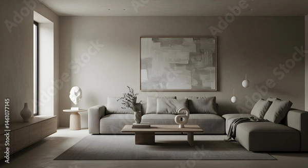Fototapeta Elegant Interior Design With Cozy Sofa And Abstract Painting In Neutral Tones