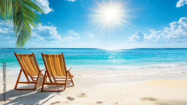 Fototapeta Two beach chairs under bright sun, surrounded by serene ocean waves and soft sand, create perfect tropical getaway atmosphere