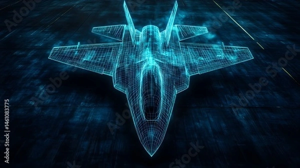 Obraz A digital wireframe hologram of a fighter jet on a dark tarmac, glowing blue with detailed lines, showcasing modern aerospace design