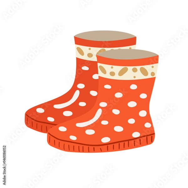 Fototapeta Cute cozy hand-drawn red rubber boots with playful polka dots
