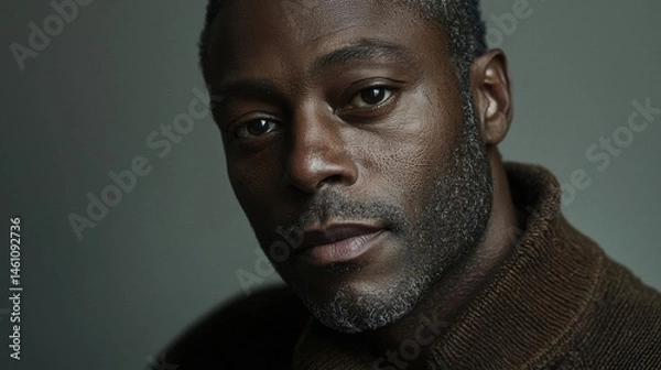 Obraz Close-up portrait of a man's face. he appears to be african-american and has a serious expression on his face. his eyes are looking directly at the camera and his eyebrows are slightly furrowed.