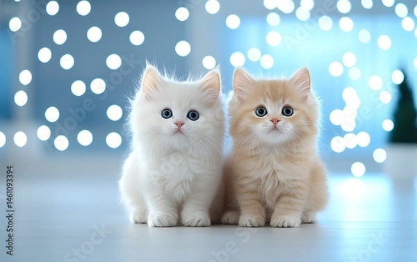 Fototapeta Two adorable kittens, one white and one orange, in a festive setting