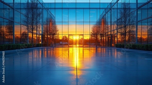 Fototapeta Elegant business center with reflective glass and bold architectural features, evening light casting long shadows in empty parking lot  