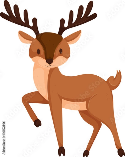 Fototapeta Adorable cartoon deer with large antlers, brown fur, and a playful expression, standing on a white background.