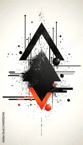 Fototapeta Abstract graphic design featuring black and orange shapes, geometric patterns, and splatters