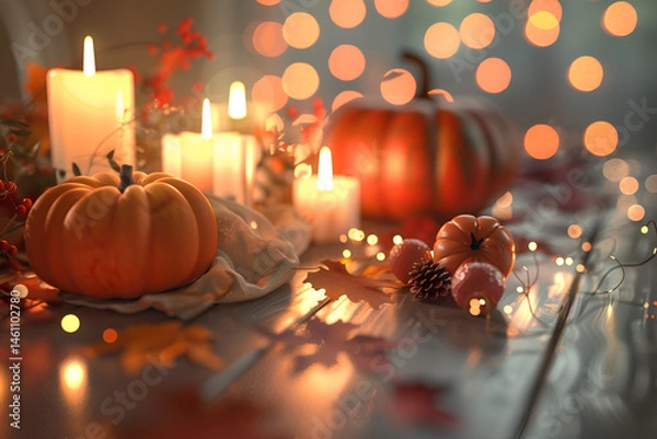 Obraz Festive table decor with candles and pumpkins perfect for autumn and Thanksgiving celebration scenes