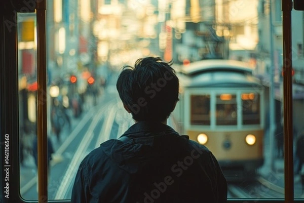 Obraz A tram moving through a busy downtown area. A man is standing near the window watching the city go by.