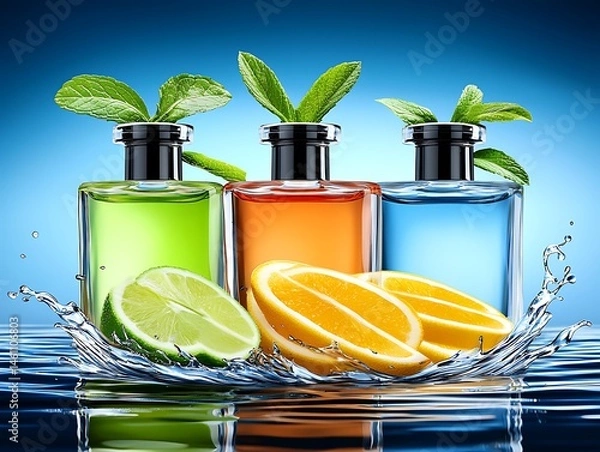 Fototapeta Colorful bottles with citrus fruits and water splash