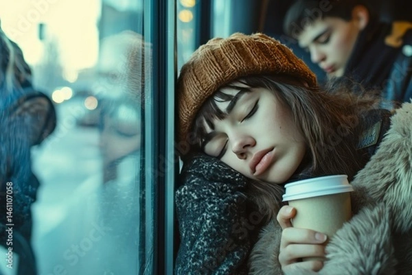 Obraz A university shuttle bus with students looking at their phones. A girl is holding a coffee cup and resting her head on the window.