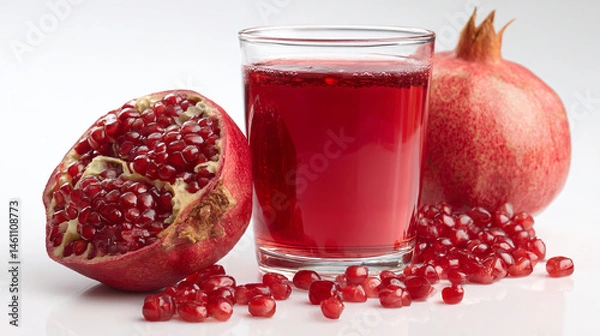 Fototapeta Pomegranate's Juice and Seeds: A refreshing glass of pomegranate juice, surrounded by fresh pomegranates and seeds, this image evokes a sense of vitality and wellness. 