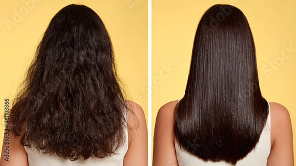 Fototapeta Hair Transformation: Showcasing a stunning hair transformation, where before and after images reveal the dramatic shift from frizzy to smooth, reflecting the essence of beauty and personal care.
